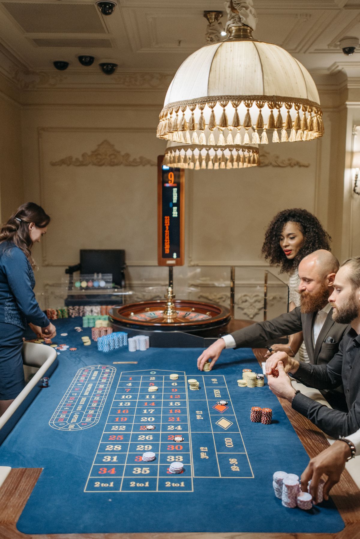 Poker tournament table with chip stacks